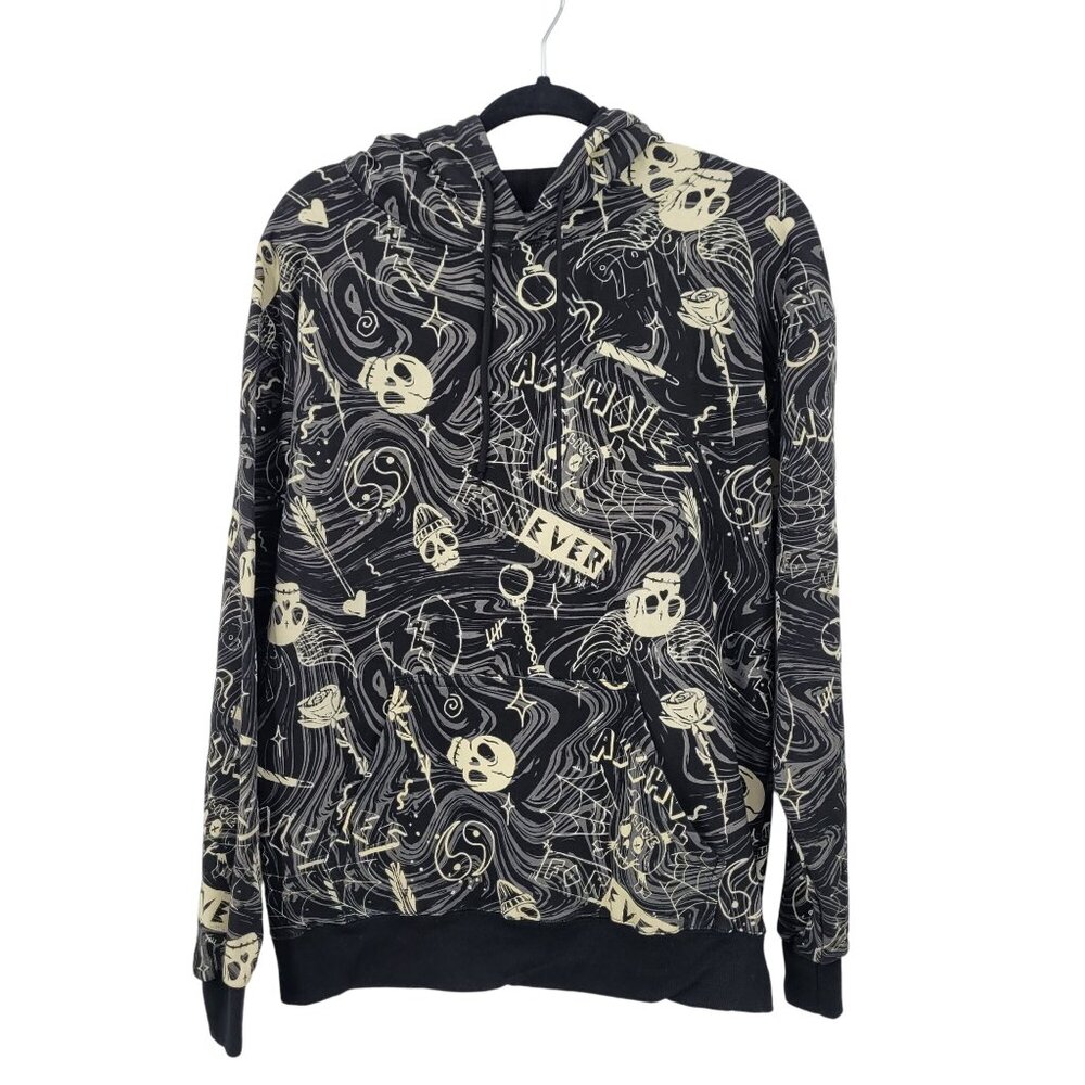 Y2K Unisex Black Graphic Hoodie Sz M Skull Skater‎ Grunge Gothic Streetwear